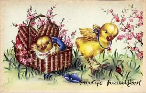 Ak Glückwunsch Ostern, Küken, Korb, Blumen, Marienkäfer