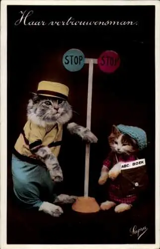 Ak Vermenschlichte Katzen, Straßenschild