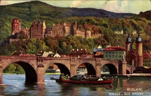 Künstler Ak Heidelberg am Neckar, Schloss und alte Brücke