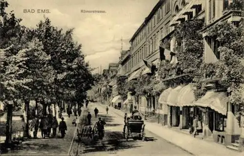 Ak Bad Ems an der Lahn, Römerstraße, Hotel, Geschäfte, Kutsche