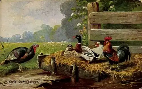 Künstler Ak Schönian, Alfred, Stockente, Hühner, Hahn, Truthahn, Bauernhof