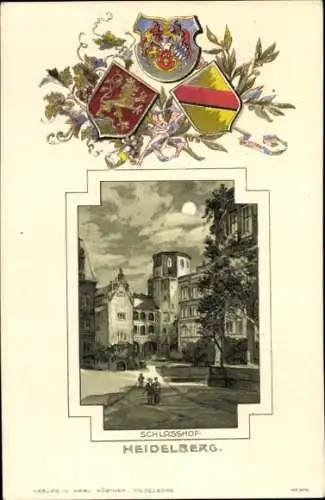 Präge Wappen Passepartout Mondschein Litho Heidelberg am Neckar, Schlosshof