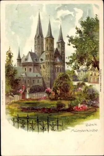 Litho Bonn, Blick vom Park auf die Münsterkirche