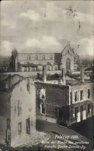 Ak Sommepy Tahure Marne, Ruine der Kirche des zerstörten Dorfes