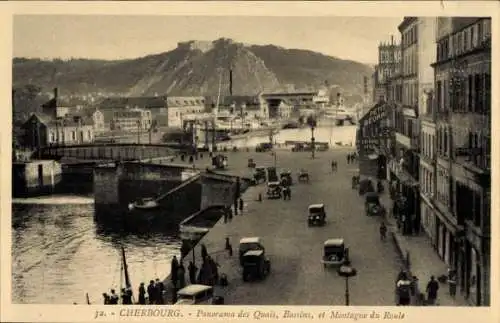 Ak Cherbourg Manche, Panorama des Quais, Bassins, Montagne du Roule