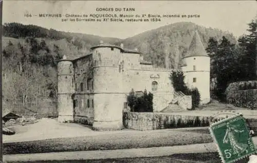 Ak Meyrueis Lozère, Gorges du Tarn, Chateau de Roquedols