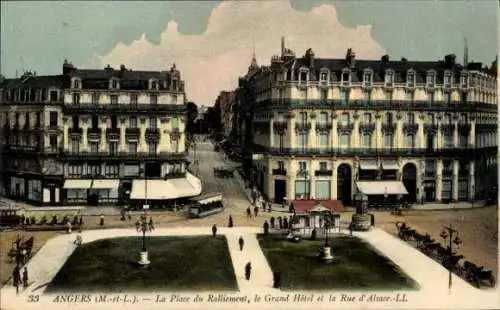 Ak Angers Maine et Loire, Place du Ralliement, Grand Hotel, Rue d'Alsace, Straßenbahn