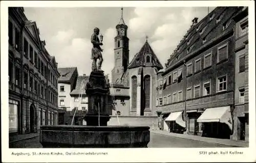 Ak Augsburg in Schwaben, St. Anna-Kirche, Goldschmiedebrunnen