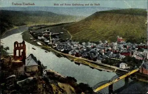 Ak Traben Trarbach an der Mosel, Gesamtansicht, Ruine Gräfinburg, Brücke