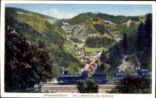 Ak Triberg im Schwarzwald, Gasthaus Bachjörg, Schwarzwaldbahn, 3 Bahnlinien, Eisenbahn