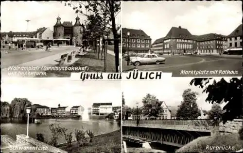 Ak Jülich in Nordrhein Westfalen, Walramplatz, Hexenturm, Marktplatz, Rathaus, Schwanenteich, Brücke