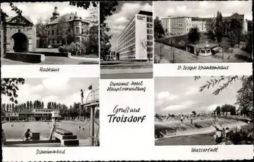 Ak Troisdorf an der Sieg, Rathaus, Krankenhaus, Schwimmbad, Wasserfall, Dynamit-Nobel Verwaltung