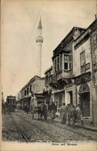 Ak Thessaloniki Griechenland, Straße, Minarett