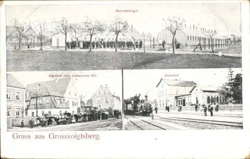 Ak Großvoigtsberg Großschirma in Sachsen, Barackenlager, Gasthof zum schwarzen Bär, Bahnhof