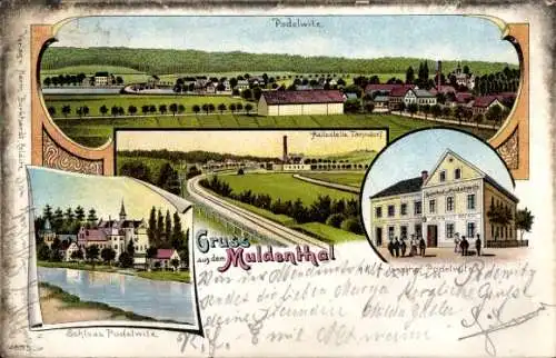 Litho Podelwitz Colditz in Sachsen, Totale, Gasthof, Schloss, Haltestelle Tanndorf