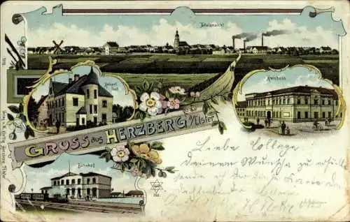 Litho Herzberg an der Elster, Bahnhof, Gleisansicht, Post, Kreishaus