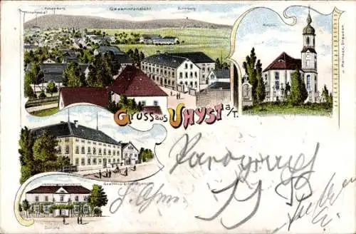 Litho Uhyst am Taucher Burkau in Sachsen, Kirche, Gasthaus Erblehngericht, Schule, Panorama