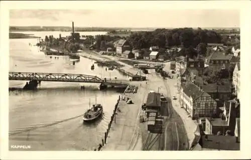 Ak Kappeln in Schleswig Holstein, Fliegeraufnahme vom Hafen, Brücke, Dampfer