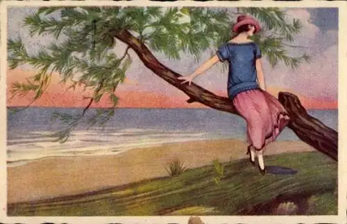 Künstler Ak Frau sitzt auf einem Baum am Strand