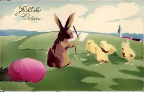 Ak Glückwunsch Ostern, Osterhase als Dirigent, Küken, Osterei