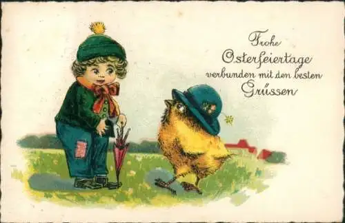 Ak Glückwunsch Ostern, Küken mit Hut, Kind