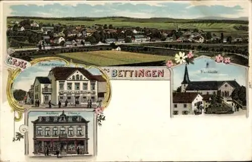 Litho Bettingen in der Eifel, Gesamtansicht, Gasthof Birringer, Pfarrkirche, Kaufhaus J. Marx jr.