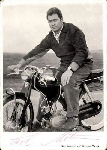 Ak Schauspieler und Maler Carl Möhner, Gritzner Monza Motorrad, Portrait, Autogramm