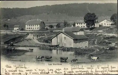 Ak Les Verrières Kanton Neuenburg, Ortsansicht, Rinder