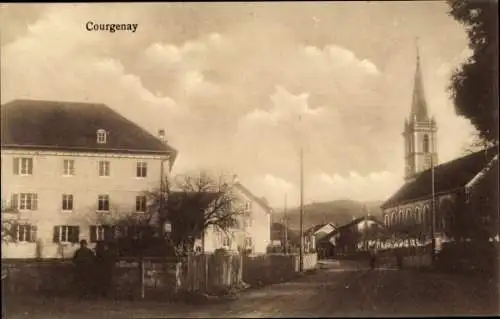 Ak Courgenay Kanton Jura, Straßenpartie, Kirche