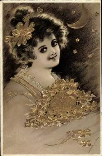 Präge Litho Portrait einer Frau mit Herz, Mondschein