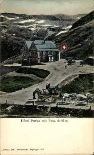 Ak Oberwald Kanton Wallis, Furka Hotel, Postkutsche