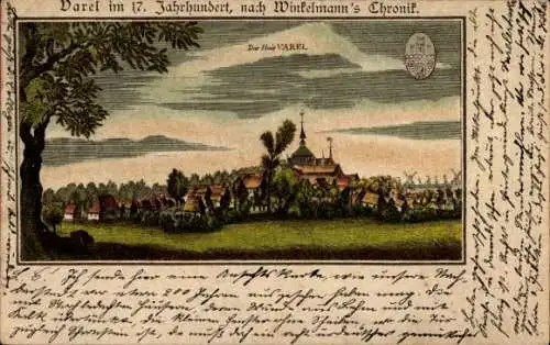 Litho Varel am Jadebusen, Ortsansicht im 17. Jahrhundert nach Winkelmanns Chronik, Windmühlen