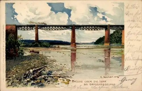 Künstler Litho Schmidt, Carl, Großhesselohe Pullach Oberbayern, Brücke über die Isar