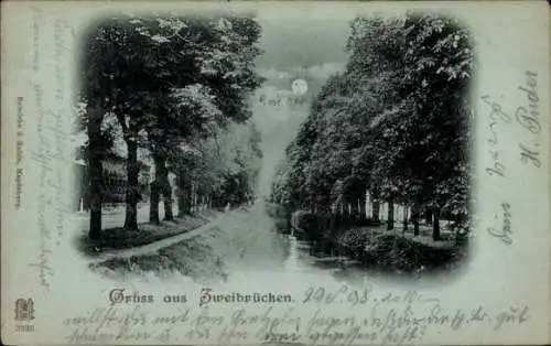 Mondschein Ak Zweibrücken in der Pfalz, Fluss, Allee