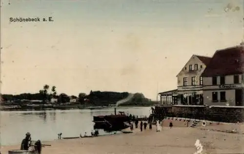 Ak Schönebeck an der Elbe, Strand, Gasthaus zum goldenen Anker, Geschäft von G. Crackau