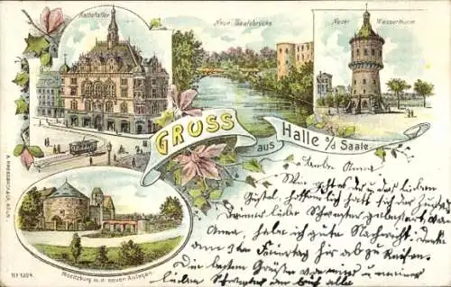 Litho Halle an der Saale, Wasserturm, Moritzburg, Ratskeller, Saalebrücke