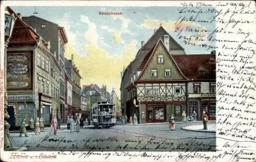 Litho Halle an der Saale, Geiststraße, Straßenbahn, Friseur