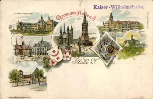 Litho Halle an der Saale, Kaiser-Wilhelmshalle, Stadtansichten, Markt