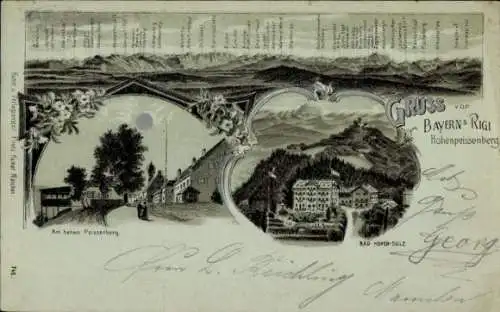 Mondschein Litho Bad Sulz Hohensulz Peißenberg Oberbayern, Straßenpartie, Bergpanorama