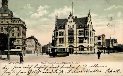 Ak Düsseldorf am Rhein, Neues Postgebäude, Düsseldorfer Hof, Straßenbahn