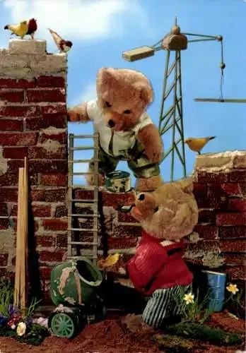 Ak Teddybären, Teddys auf einer Baustelle, Maurer