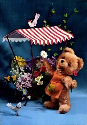 Ak Teddybär, Teddy, Blumenstand, Vögel