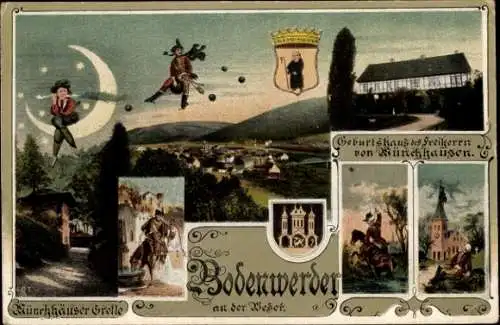 Wappen Ak Bodenwerder an der Weser, Baron von Münchhausen, Geburtshaus, Grotte