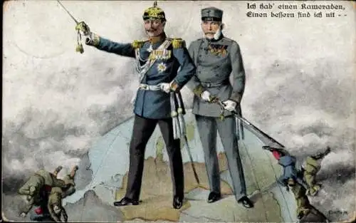 Künstler Ak Frank, Elly, Kaiser Wilhelm II., Kaiser Franz Joseph I., I. WK, Erdball