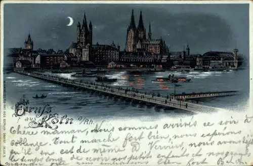 Litho Köln am Rhein, Dom, Brücke, Nacht, Mond