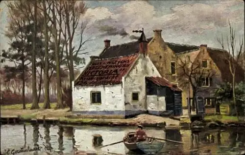 Künstler Ak Gerstenhauer, Johann Georg, niederländisches Motiv, Haus am Ufer, Ruderboot