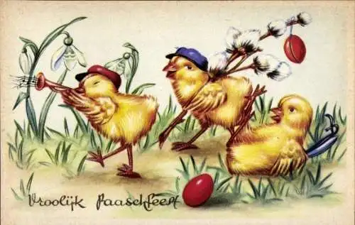 Ak Glückwunsch Ostern, Musizierendes Küken, Ostereier, Weidenkätzchen