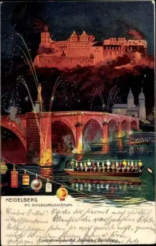 Ak Heidelberg am Neckar, Schlossbeleuchtung, Schiff, Brücke, Feuerwerk