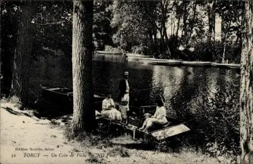 Ak Torcy Seine et Marne, un Coin de Peche, Ruderboot, Angler