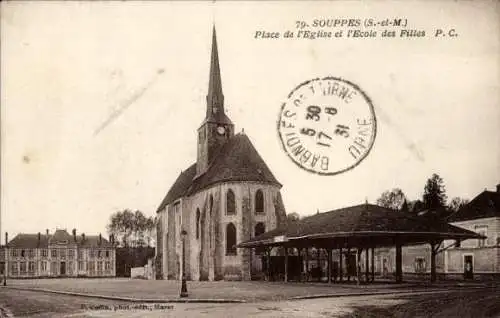 Ak Souppes sur Loing Seine et Marne, Place de l'Eglise, Ecole des Filles